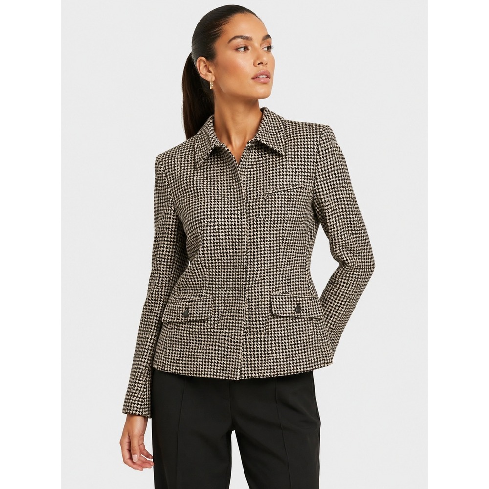 Ralph Lauren Silk Wool Houndstooth Zip Blazer Jacket Black Cream 10 M